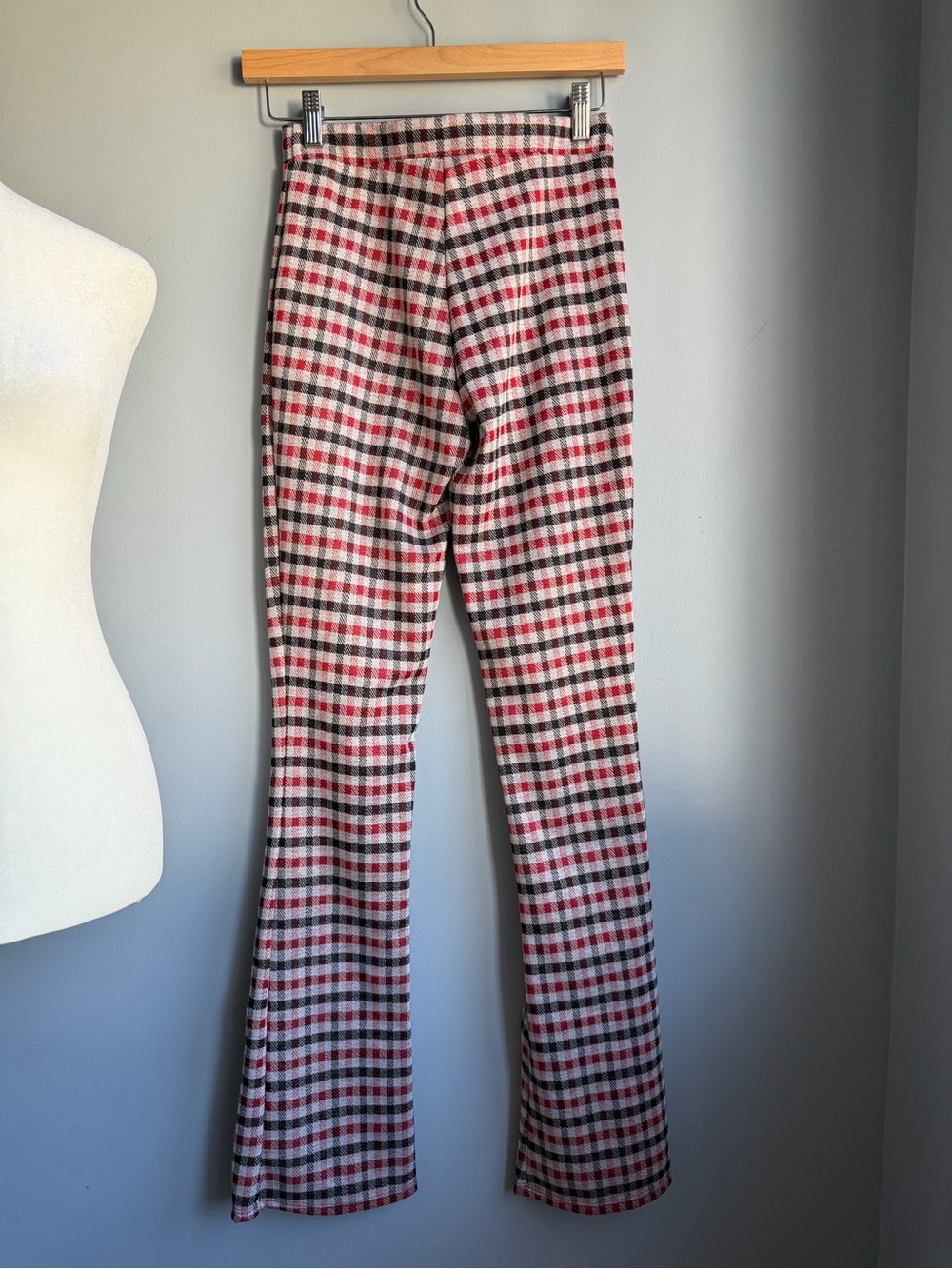 Red Plaid Stretch Flare Pants - Picture 3 of 6